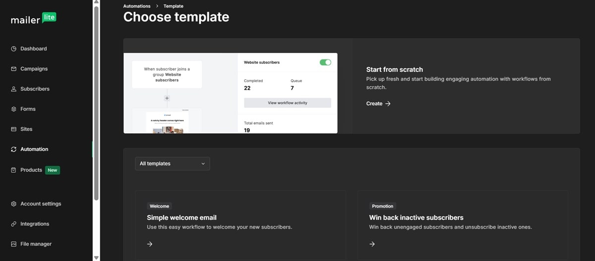Mailerlite automation workflow editor interface showing customer journey mapping from welcome emails to post-purchase campaigns with ecommerce integration capabilities